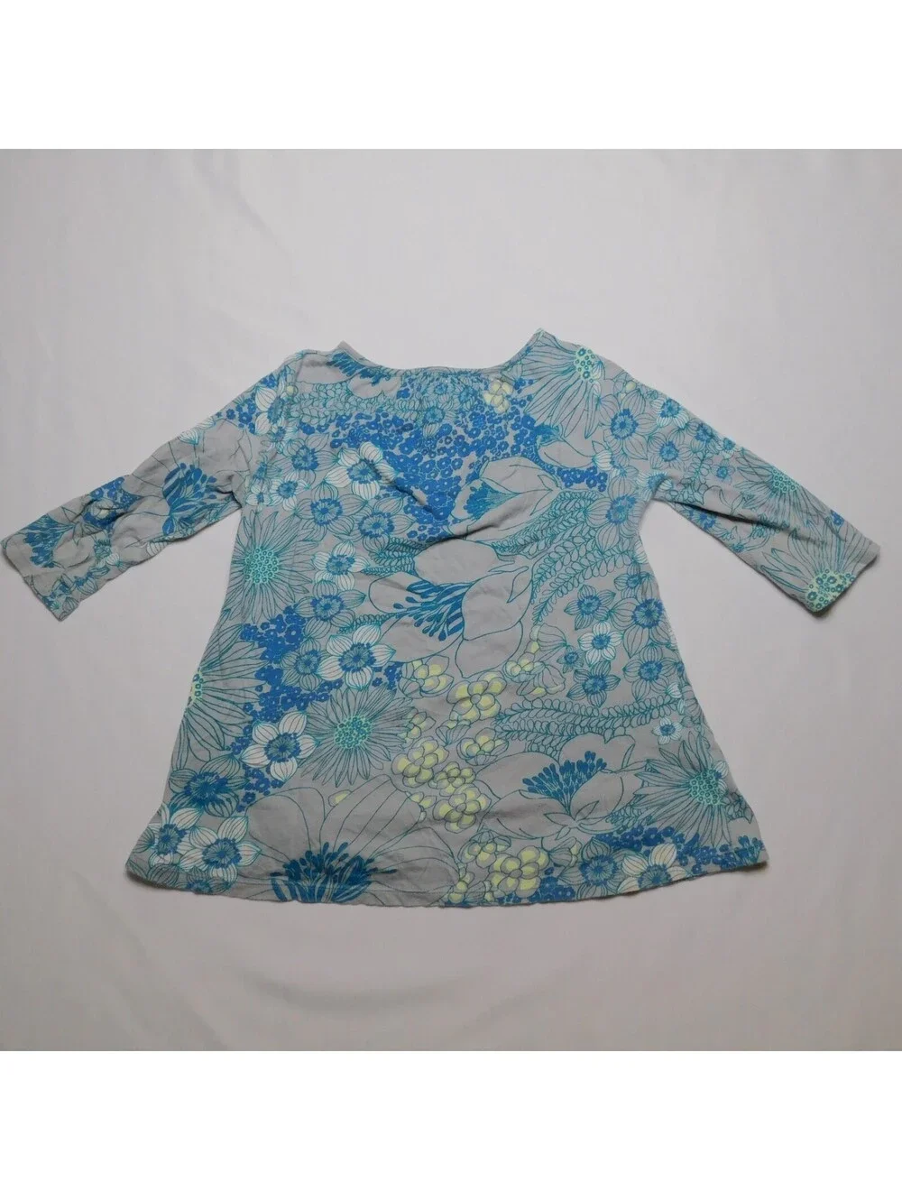 Old Navy Girls Shirt Small S 6 7 Gray Blue Floral 3/4 Sleeve Cotton Lace Tunic